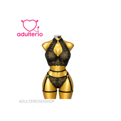 Lencería de Encaje Coordinado Carmen Negro | Adulterio Sexshop