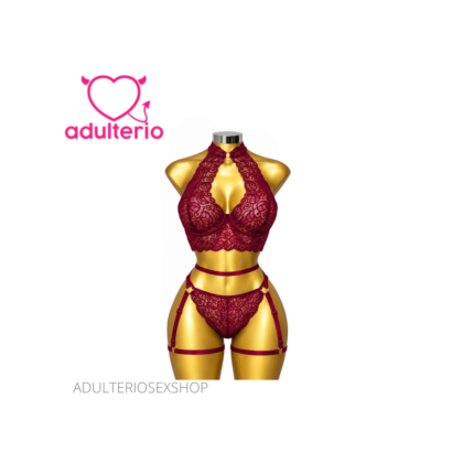 Lencería de Encaje Coordinado Carmen Vino | Adulterio Sexshop